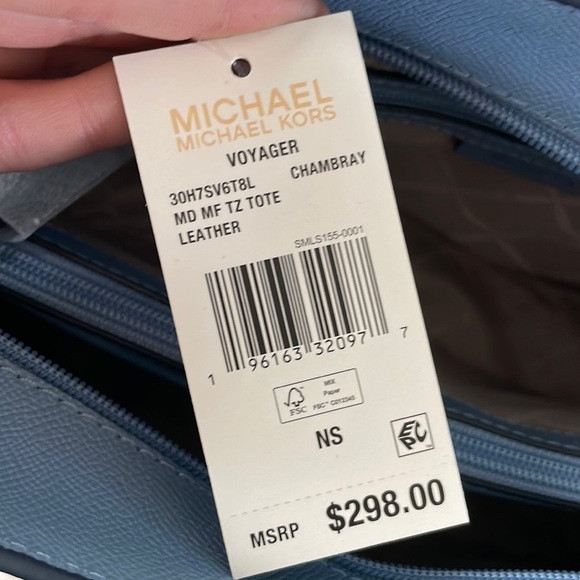 Brand New Michael Kors Voyager Genuine Leather Top Zip Tote Bag Chambray Blue - Picture 6 of 14